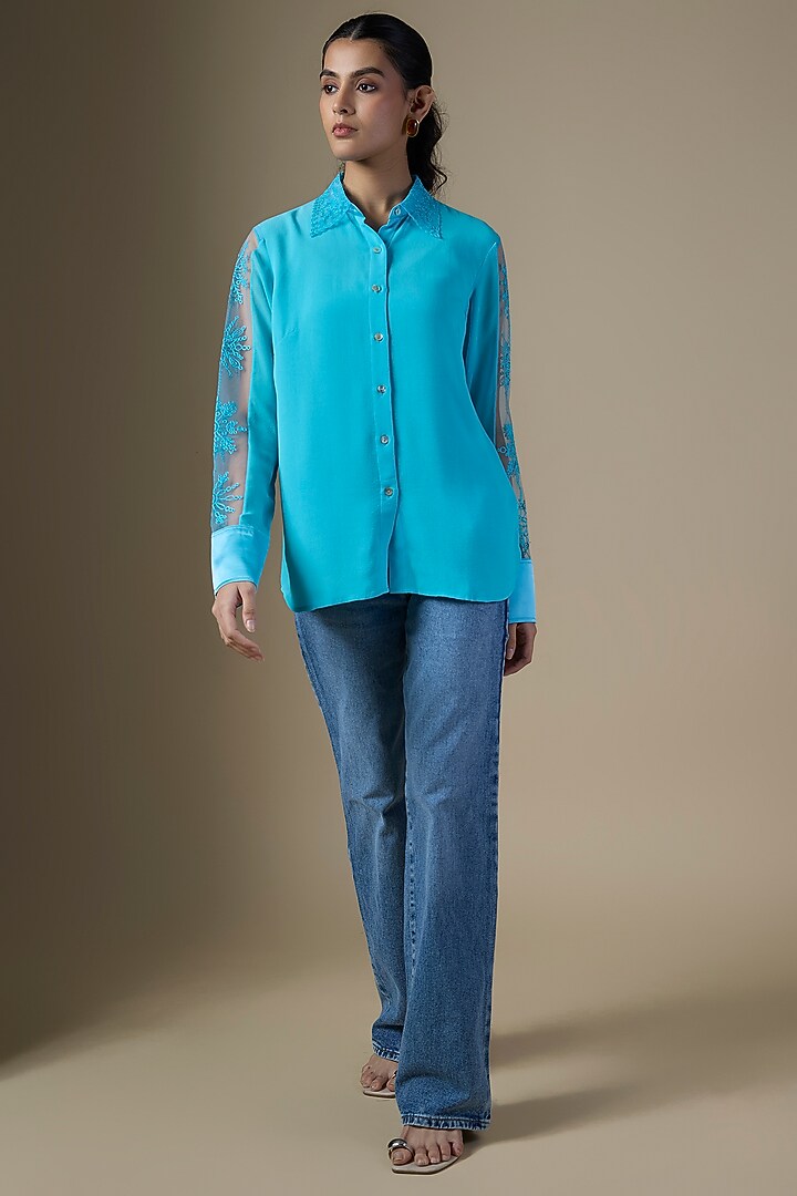 Powder Blue Georgette & Net Shirt by Dilnaz Karbhary at Pernia's Pop Up Shop