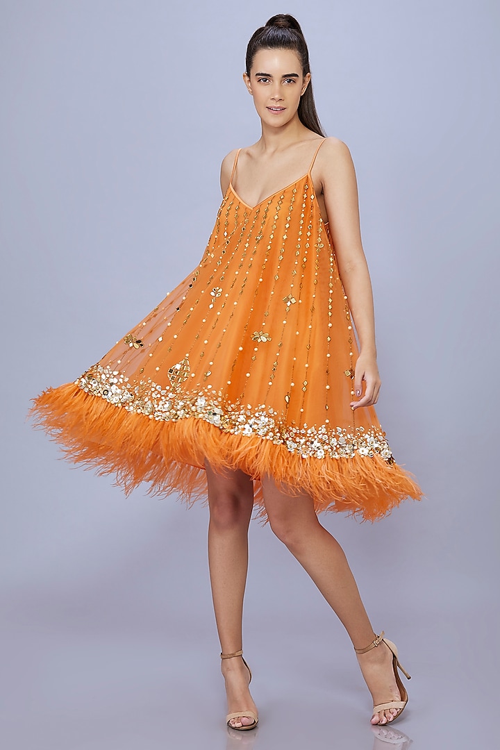 Orange Net & Polyester Satin Mirror Embroidered Camisole Mini Dress by Dilnaz Karbhary at Pernia's Pop Up Shop