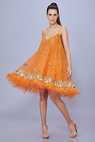 Orange Net & Polyester Satin Mirror Embroidered Camisole Mini Dress by Dilnaz Karbhary