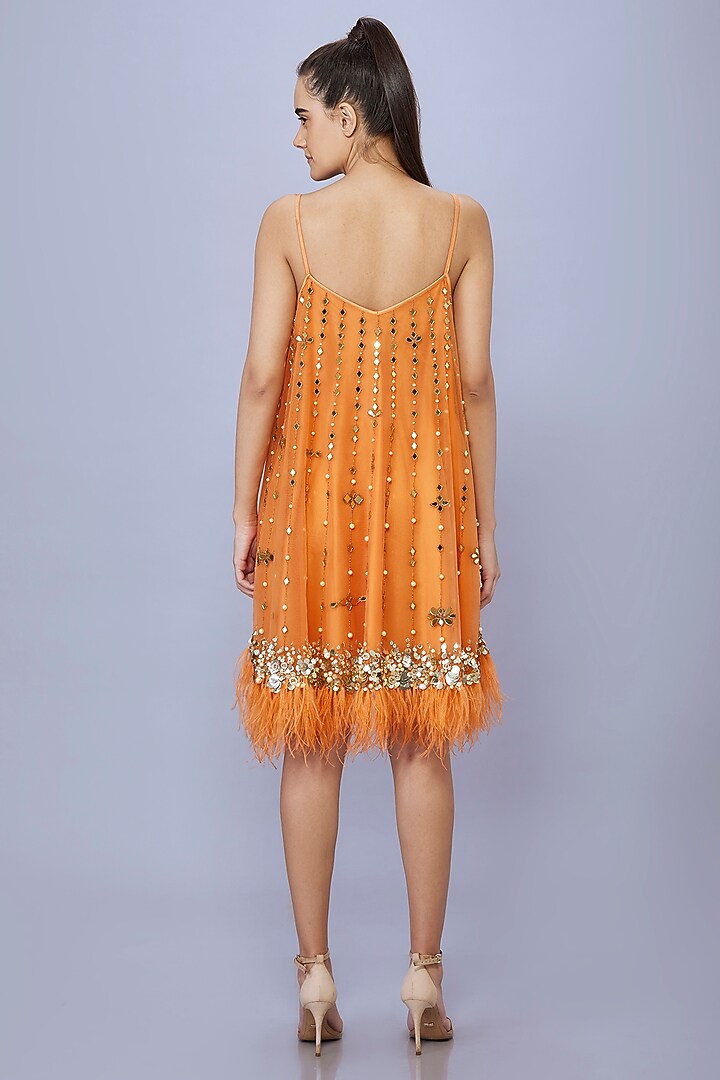 Orange Net & Polyester Satin Mirror Embroidered Camisole Mini Party Wear Dress by Dilnaz Karbhary at Pernia's Pop Up Shop