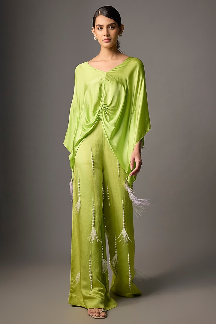 Green Blended Linen Trousers by Dilnaz Karbhary at Pernia's Pop Up Shop