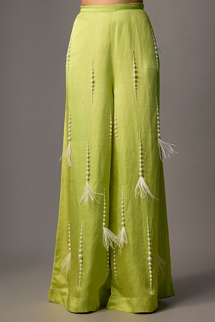 Green Blended Linen Trousers by Dilnaz Karbhary at Pernia's Pop Up Shop