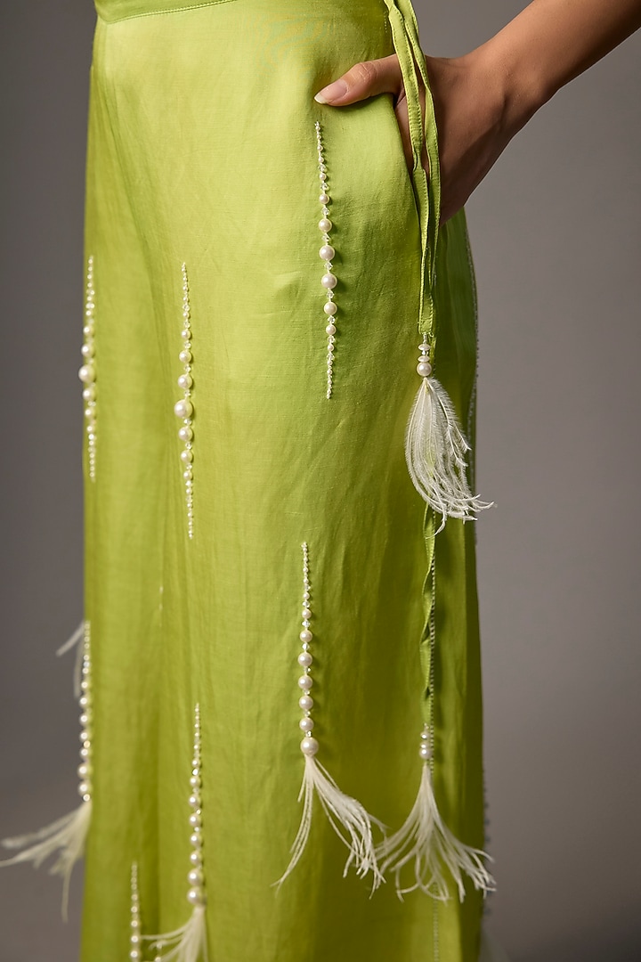 Green Blended Linen Trousers by Dilnaz Karbhary at Pernia's Pop Up Shop