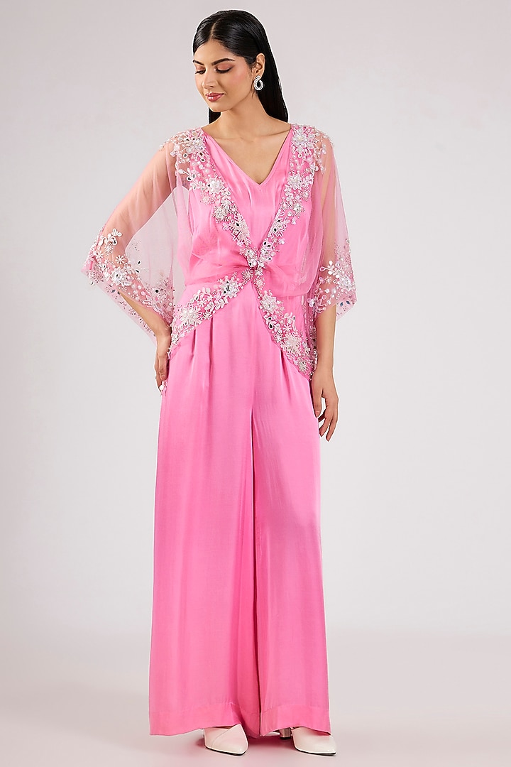 Pink Blended Satin Jumpsuit With Kaftan by Dilnaz Karbhary at Pernia's Pop Up Shop
