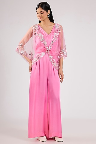 Pink Blended Satin Jumpsuit With Kaftan by Dilnaz Karbhary