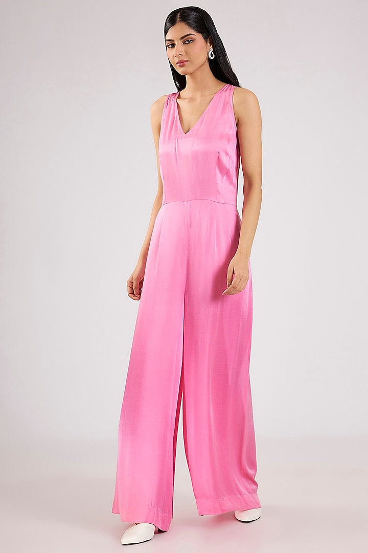 Pink Blended Satin Jumpsuit With Kaftan by Dilnaz Karbhary at Pernia's Pop Up Shop