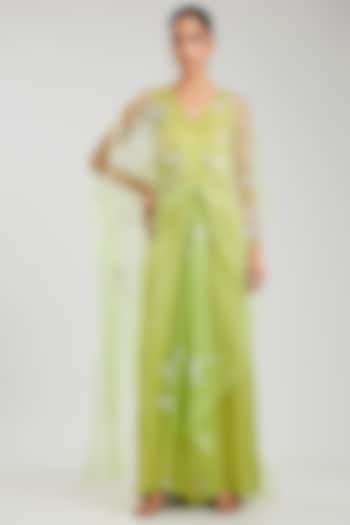 Green Blended Satin Jumpsuit With Kaftan by Dilnaz Karbhary at Pernia's Pop Up Shop