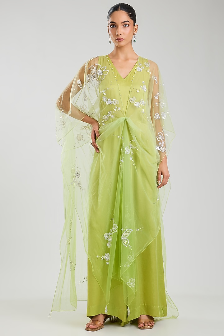Green Blended Satin Jumpsuit With Kaftan by Dilnaz Karbhary at Pernia's Pop Up Shop