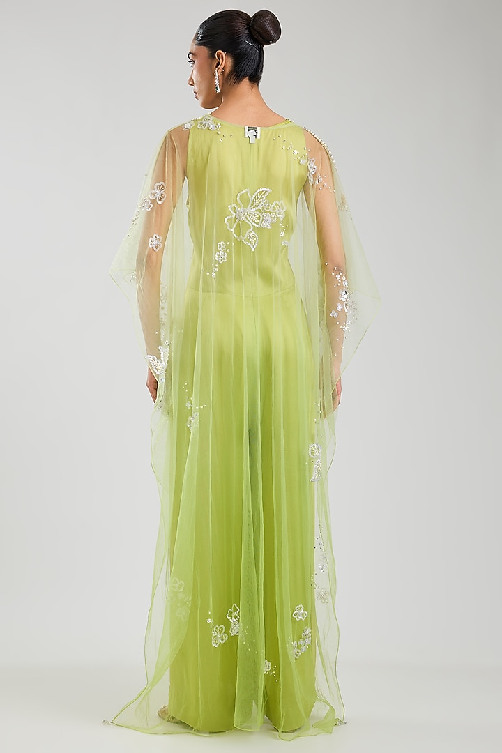 Green Blended Satin Jumpsuit With Kaftan by Dilnaz Karbhary at Pernia's Pop Up Shop