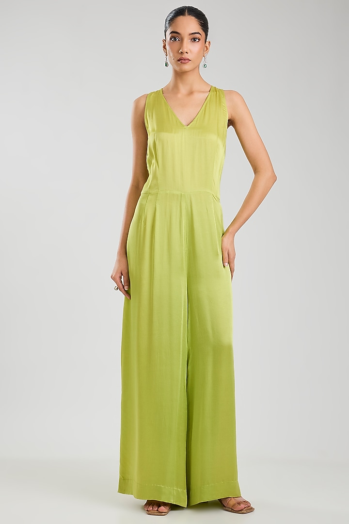 Green Blended Satin Jumpsuit With Kaftan by Dilnaz Karbhary at Pernia's Pop Up Shop