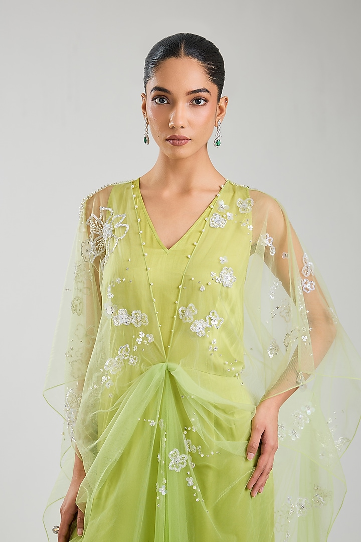 Green Blended Satin Jumpsuit With Kaftan by Dilnaz Karbhary at Pernia's Pop Up Shop