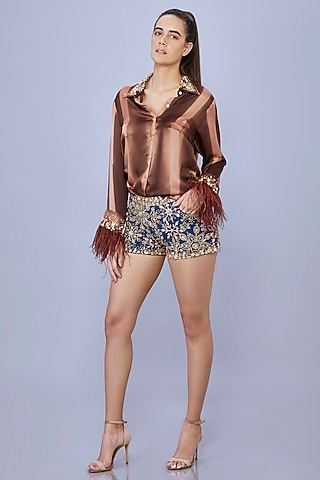 Brown Blended Satin Tie-Dye Shirt by Dilnaz Karbhary