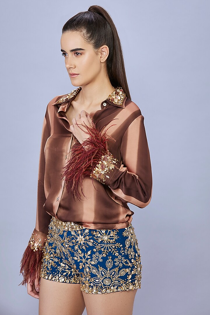 Brown Blended Satin Tie-Dye Shirt by Dilnaz Karbhary at Pernia's Pop Up Shop