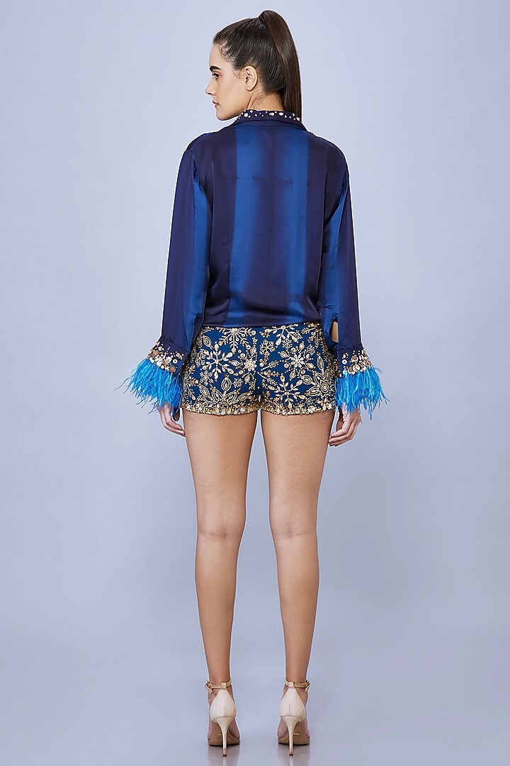 Navy Blue Blended Satin Tie-Dye Shirt by Dilnaz Karbhary at Pernia's Pop Up Shop