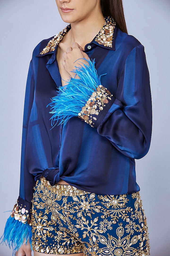 Navy Blue Blended Satin Tie-Dye Shirt by Dilnaz Karbhary at Pernia's Pop Up Shop