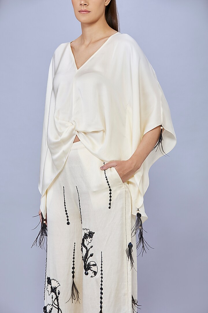 Cream Blended Satin Draped Kaftan by Dilnaz Karbhary at Pernia's Pop Up Shop
