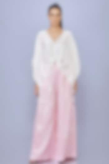 Light Pink Blended Satin Linen Pearl Embroidered Trousers by Dilnaz Karbhary at Pernia's Pop Up Shop