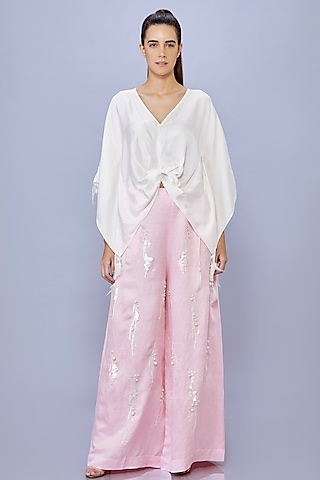 Light Pink Blended Satin Linen Pearl Embroidered Trousers by Dilnaz Karbhary