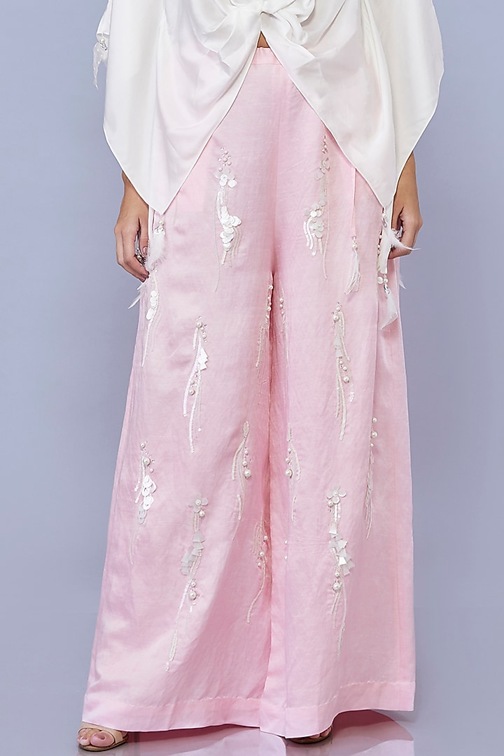 Light Pink Blended Satin Linen Pearl Embroidered Trousers by Dilnaz Karbhary at Pernia's Pop Up Shop