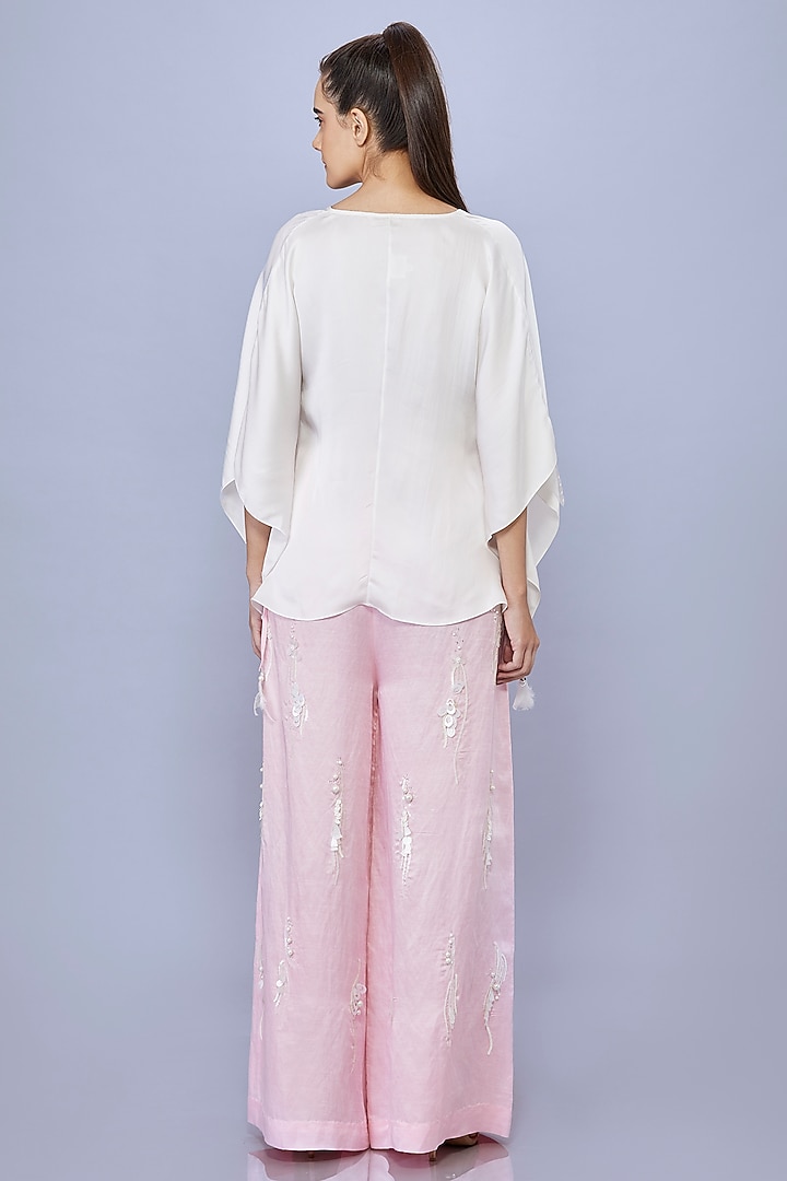 Light Pink Blended Satin Linen Pearl Embroidered Trousers by Dilnaz Karbhary at Pernia's Pop Up Shop