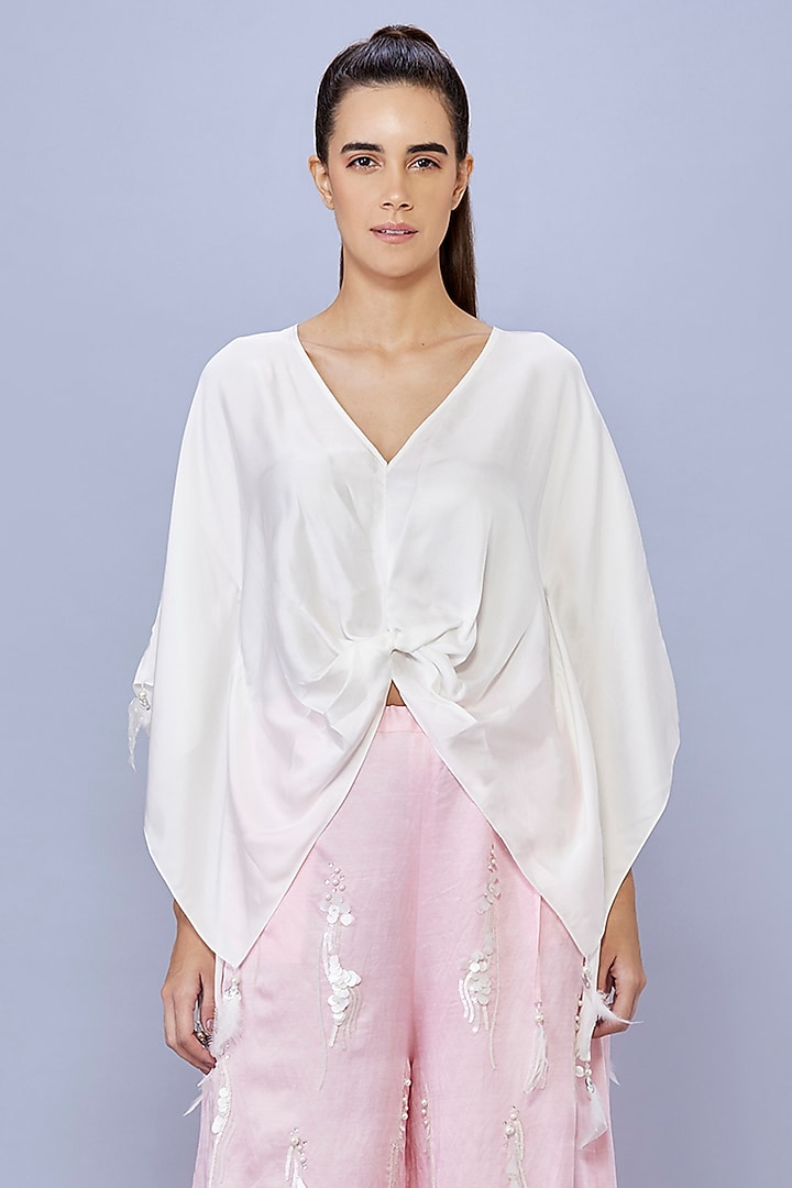 Ivory Blended Satin Draped Kaftan by Dilnaz Karbhary at Pernia's Pop Up Shop