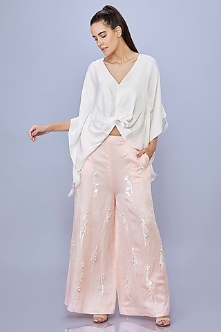 Light Peach Blended Satin Linen Pearl Embroidered Trousers by Dilnaz Karbhary