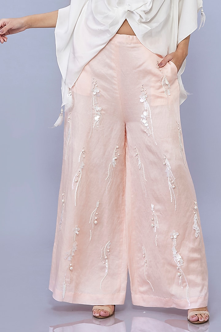 Light Peach Blended Satin Linen Pearl Embroidered Trousers by Dilnaz Karbhary at Pernia's Pop Up Shop