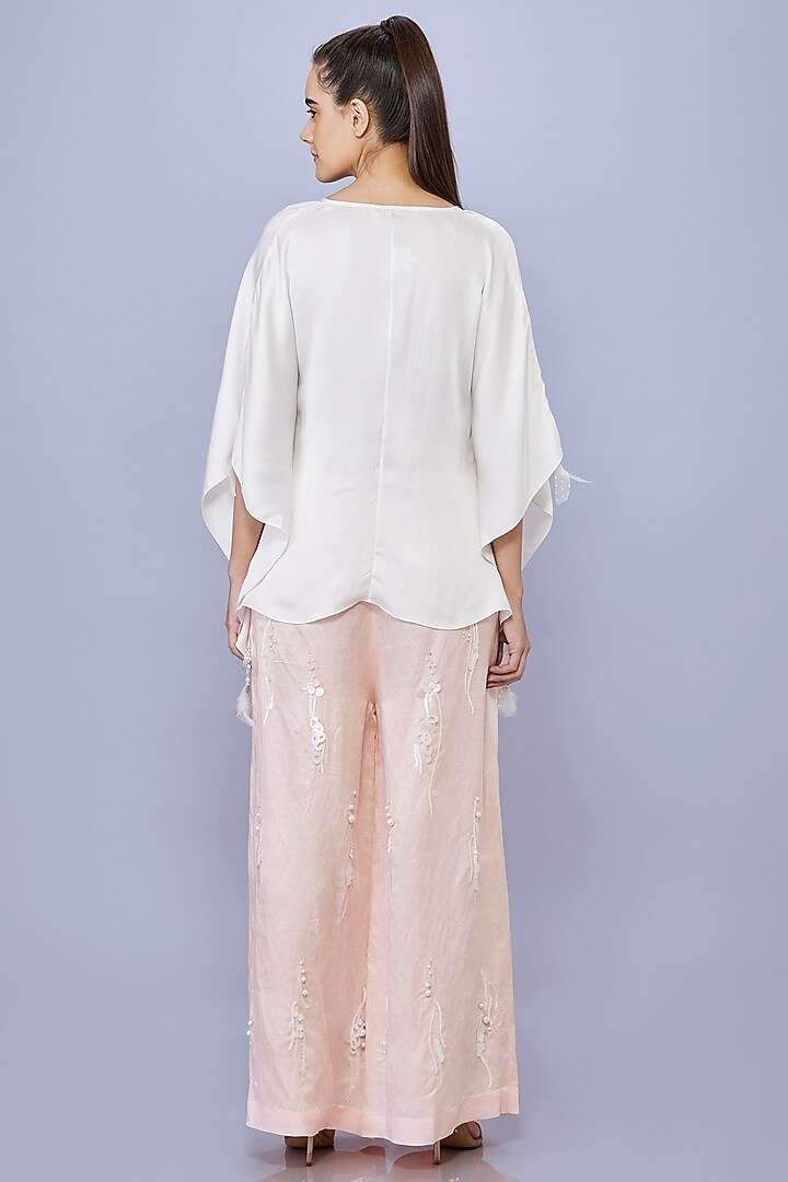 Light Peach Blended Satin Linen Pearl Embroidered Trousers by Dilnaz Karbhary at Pernia's Pop Up Shop