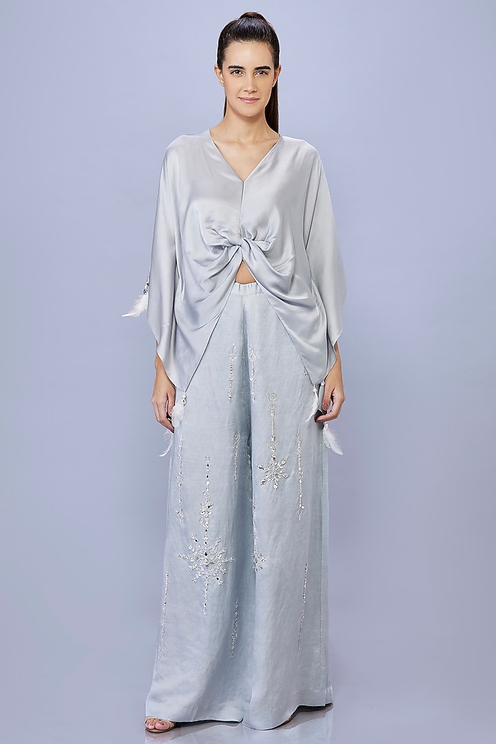 Grey Blended Satin Draped Kaftan by Dilnaz Karbhary at Pernia's Pop Up Shop