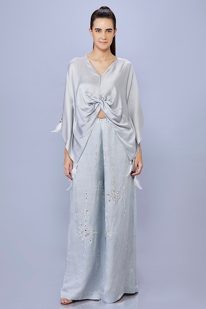 Grey Blended Satin Linen Trousers by Dilnaz Karbhary at Pernia's Pop Up Shop