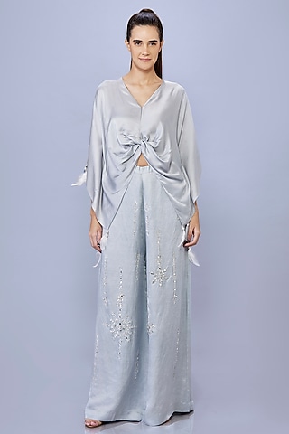 Grey Blended Satin Linen Trousers by Dilnaz Karbhary