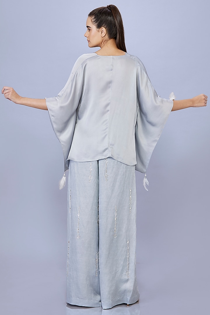 Grey Blended Satin Linen Trousers by Dilnaz Karbhary at Pernia's Pop Up Shop
