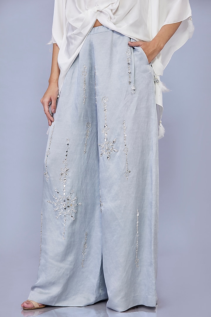 Grey Blended Satin Linen Trousers by Dilnaz Karbhary at Pernia's Pop Up Shop