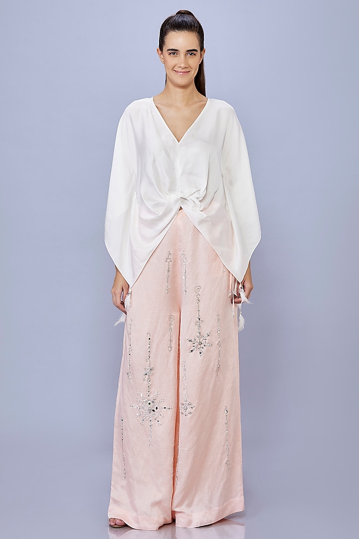 Light Peach Blended Satin Linen Trousers by Dilnaz Karbhary at Pernia's Pop Up Shop