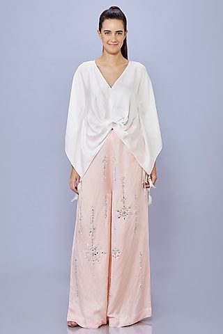 Light Peach Blended Satin Linen Trousers by Dilnaz Karbhary