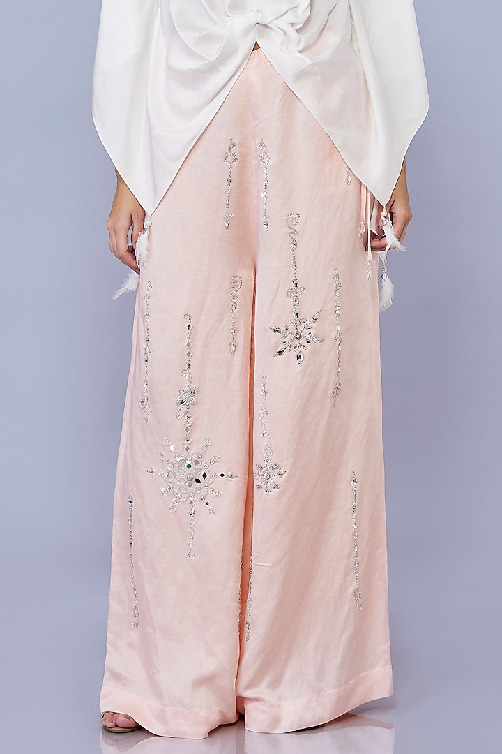 Light Peach Blended Satin Linen Trousers by Dilnaz Karbhary at Pernia's Pop Up Shop
