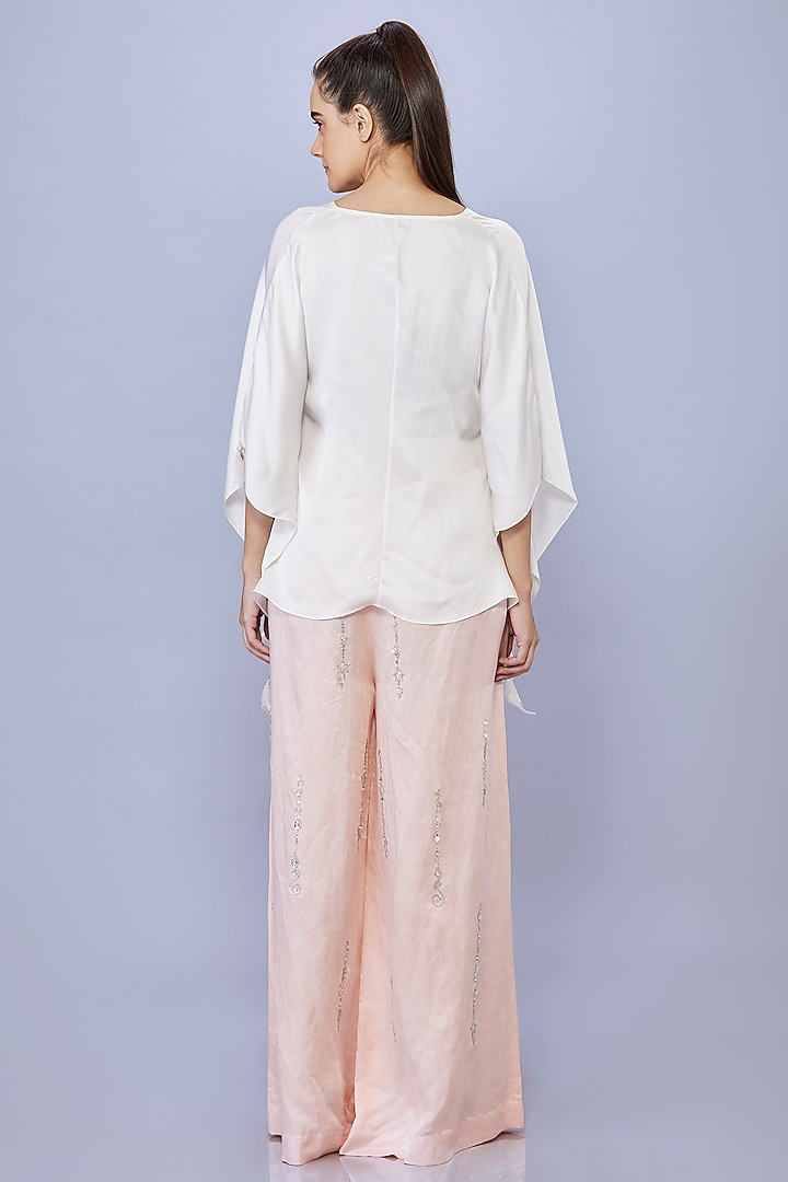 Light Peach Blended Satin Linen Trousers by Dilnaz Karbhary at Pernia's Pop Up Shop