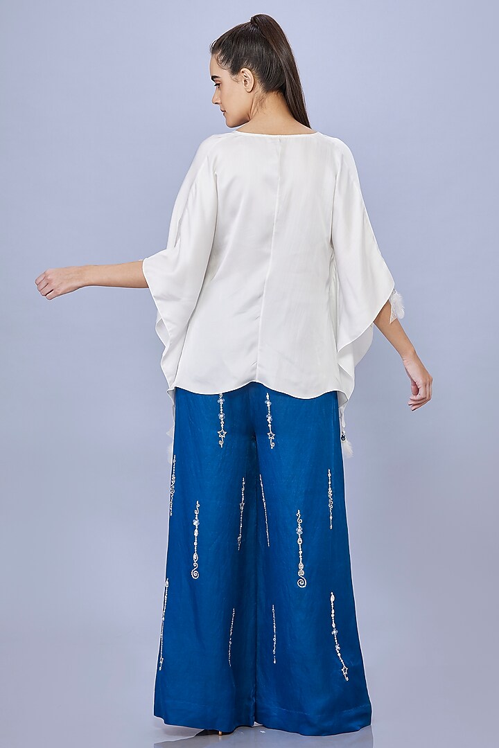 Navy Blue Blended Satin Linen Trousers by Dilnaz Karbhary at Pernia's Pop Up Shop
