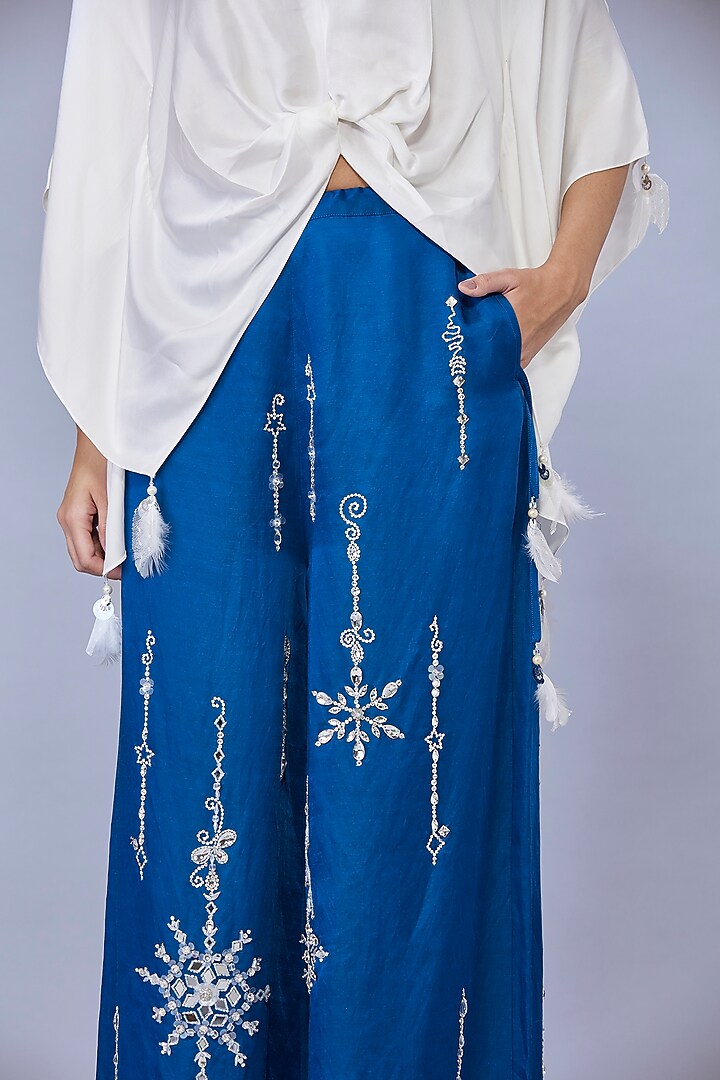 Navy Blue Blended Satin Linen Trousers by Dilnaz Karbhary at Pernia's Pop Up Shop