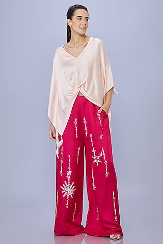 Ruby Pink Blended Satin Linen Trousers by Dilnaz Karbhary