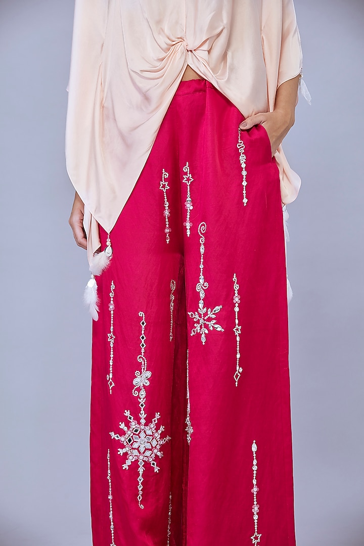 Ruby Pink Blended Satin Linen Trousers by Dilnaz Karbhary at Pernia's Pop Up Shop