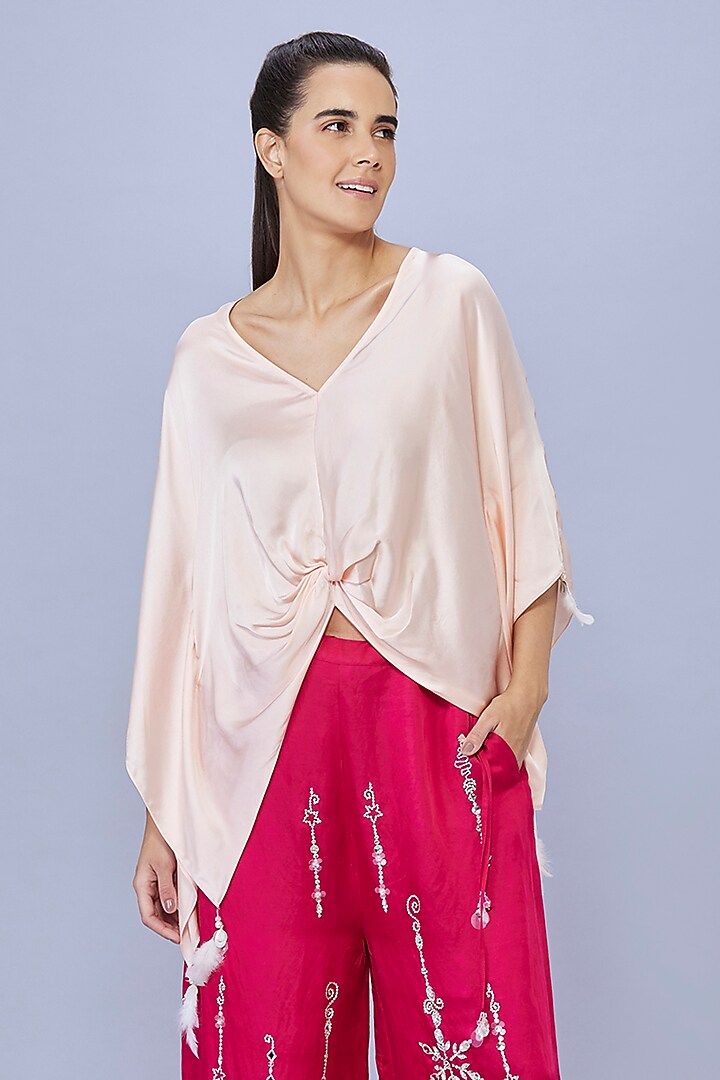 Light Peach Blended Satin Draped Kaftan by Dilnaz Karbhary at Pernia's Pop Up Shop