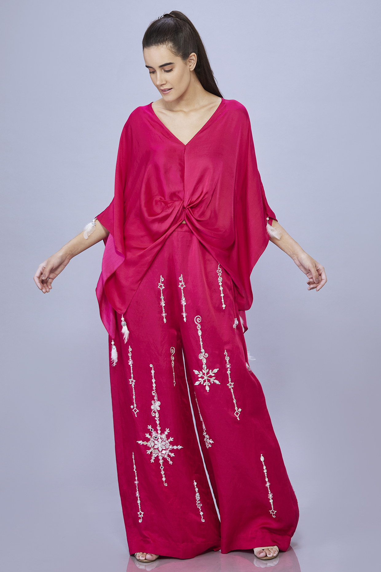 Ruby Pink Blended Satin Draped Kaftan by Dilnaz Karbhary at Pernia's Pop Up Shop