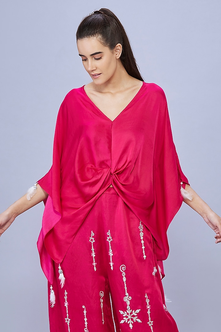 Ruby Pink Blended Satin Draped Kaftan by Dilnaz Karbhary at Pernia's Pop Up Shop