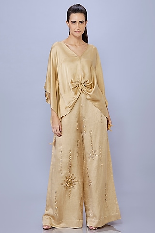 Gold Blended Satin Linen Trousers by Dilnaz Karbhary