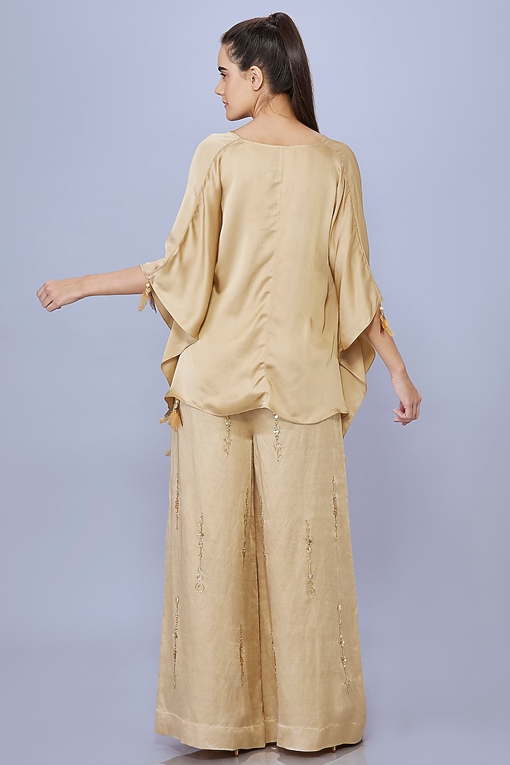 Gold Blended Satin Linen Trousers by Dilnaz Karbhary at Pernia's Pop Up Shop