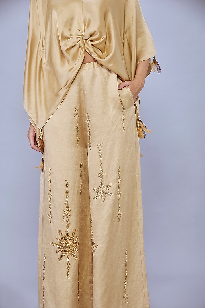 Gold Blended Satin Linen Trousers by Dilnaz Karbhary at Pernia's Pop Up Shop