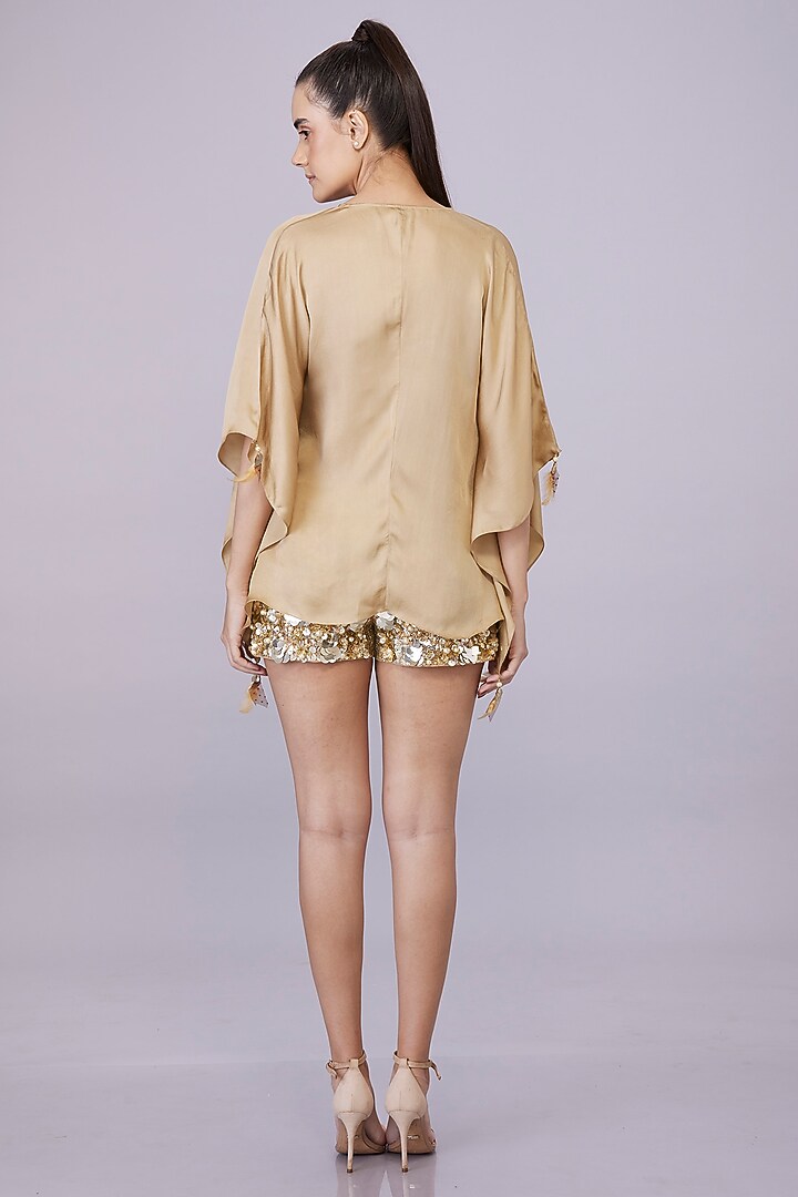 Gold Blended Satin Draped Kaftan by Dilnaz Karbhary at Pernia's Pop Up Shop