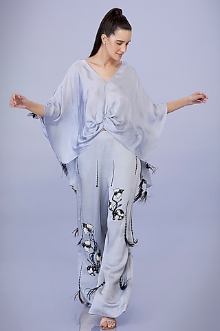 Light Grey Blended Satin Hand Embroidered Kaftan by Dilnaz Karbhary