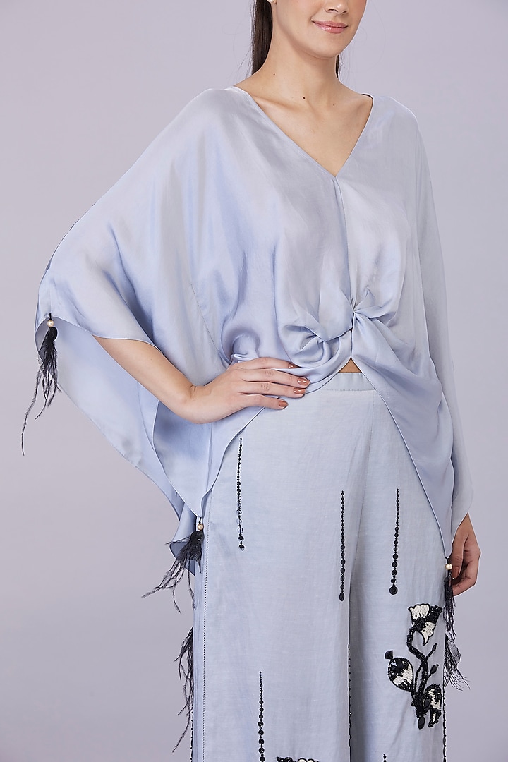 Light Grey Blended Satin Hand Embroidered Kaftan by Dilnaz Karbhary at Pernia's Pop Up Shop